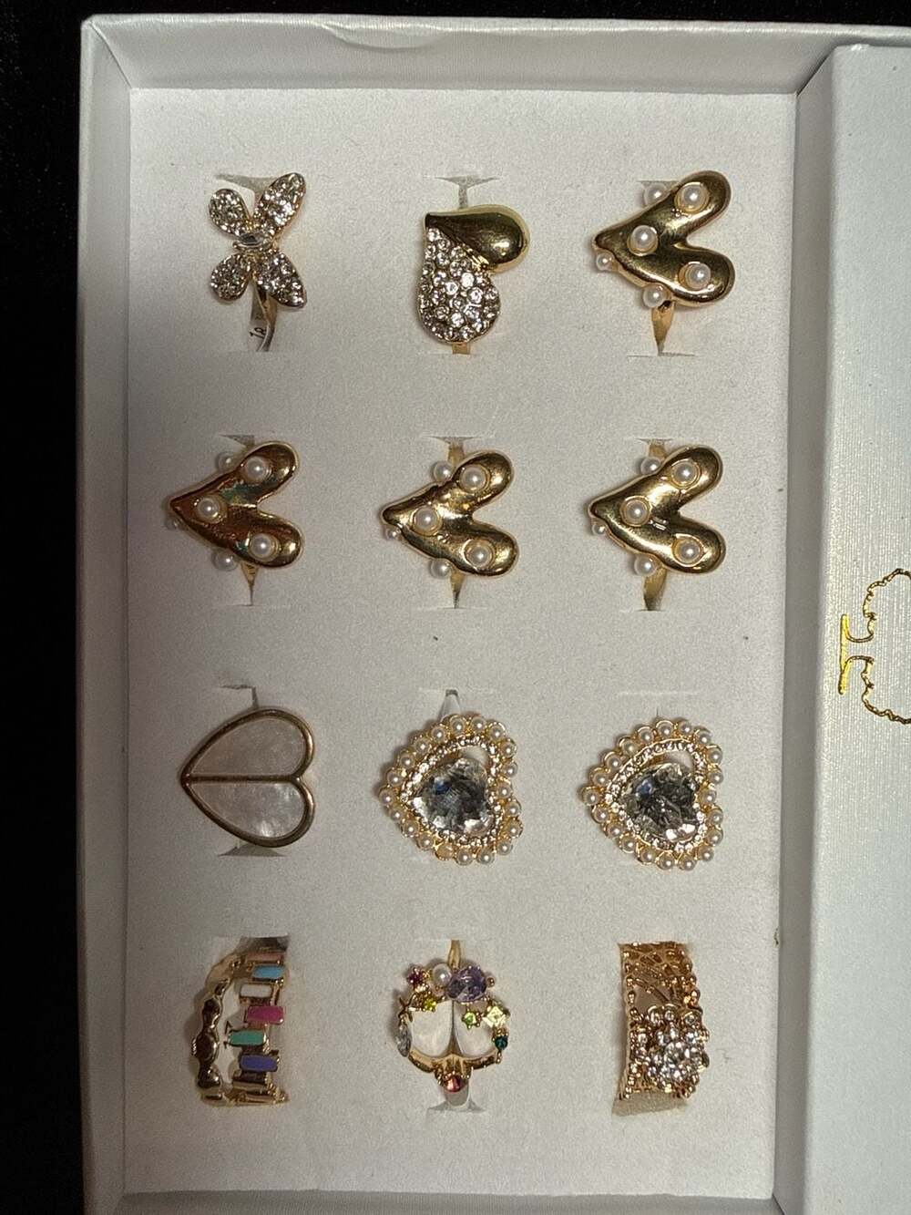 12 Wholesale Lot Gold Tone Assorted Heart Butterfly and Crystal Ring Set